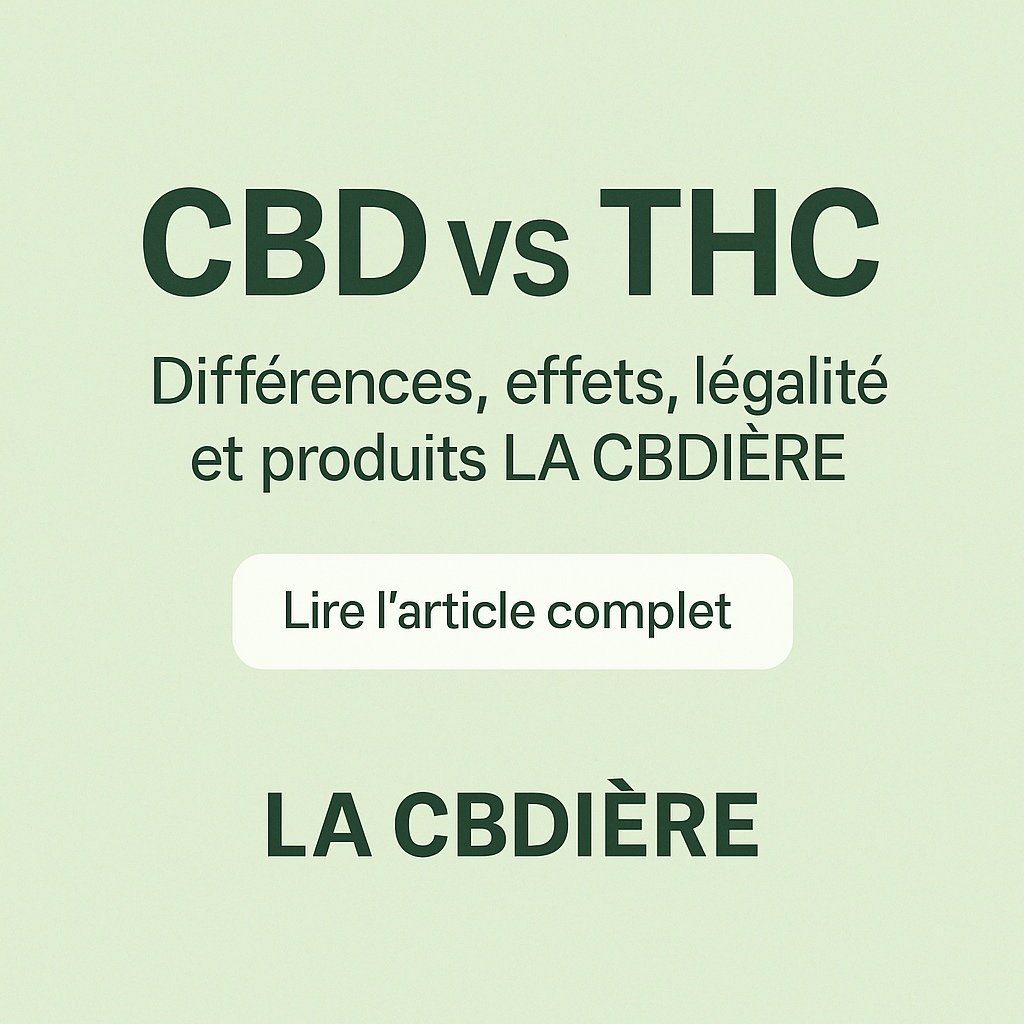 Visuel promotionnel carré LA CBDIÈRE présentant le titre CBD vs THC — différences, effets, légalité et produits CBD — avec un bouton incitant à lire l’article complet