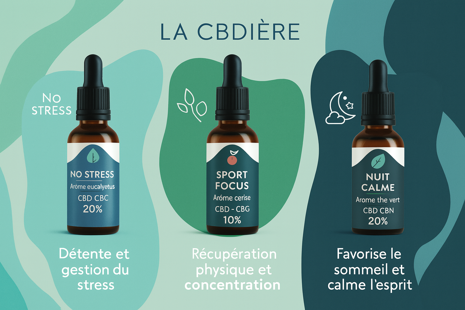 Visuel des huiles CBD LA CBDIERE : NO STRESS pour le stress, SPORT FOCUS pour la recuperation sportive, et NUIT CALME pour le sommeil. Flacons sur fond vert et bleu avec pictogrammes.