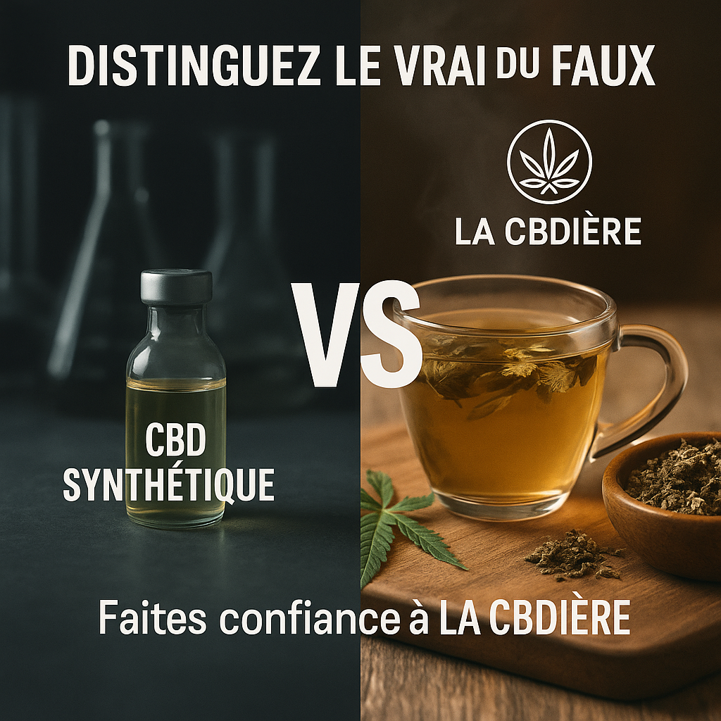 Comparaison entre le CBD synthétique en laboratoire et une infusion CBD naturelle de LA CBDIÈRE, avec message "Distinguez le vrai du faux" et "Faites confiance à LA CBDIÈRE