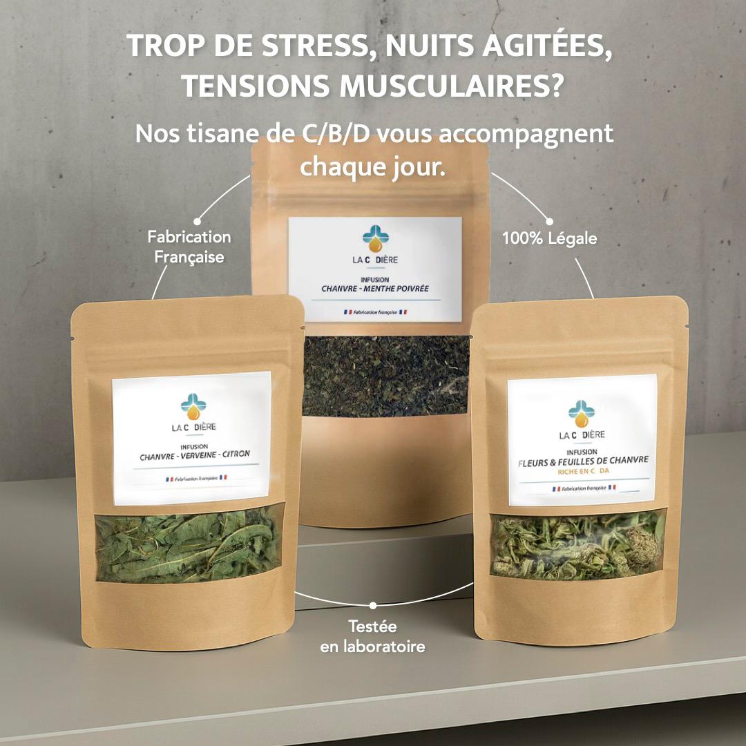 Tisane CBD LA CBDIÈRE – Infusion au chanvre bio pour le sommeil, la détente et le soulagement du stress, sans THC, fabriquée en France.