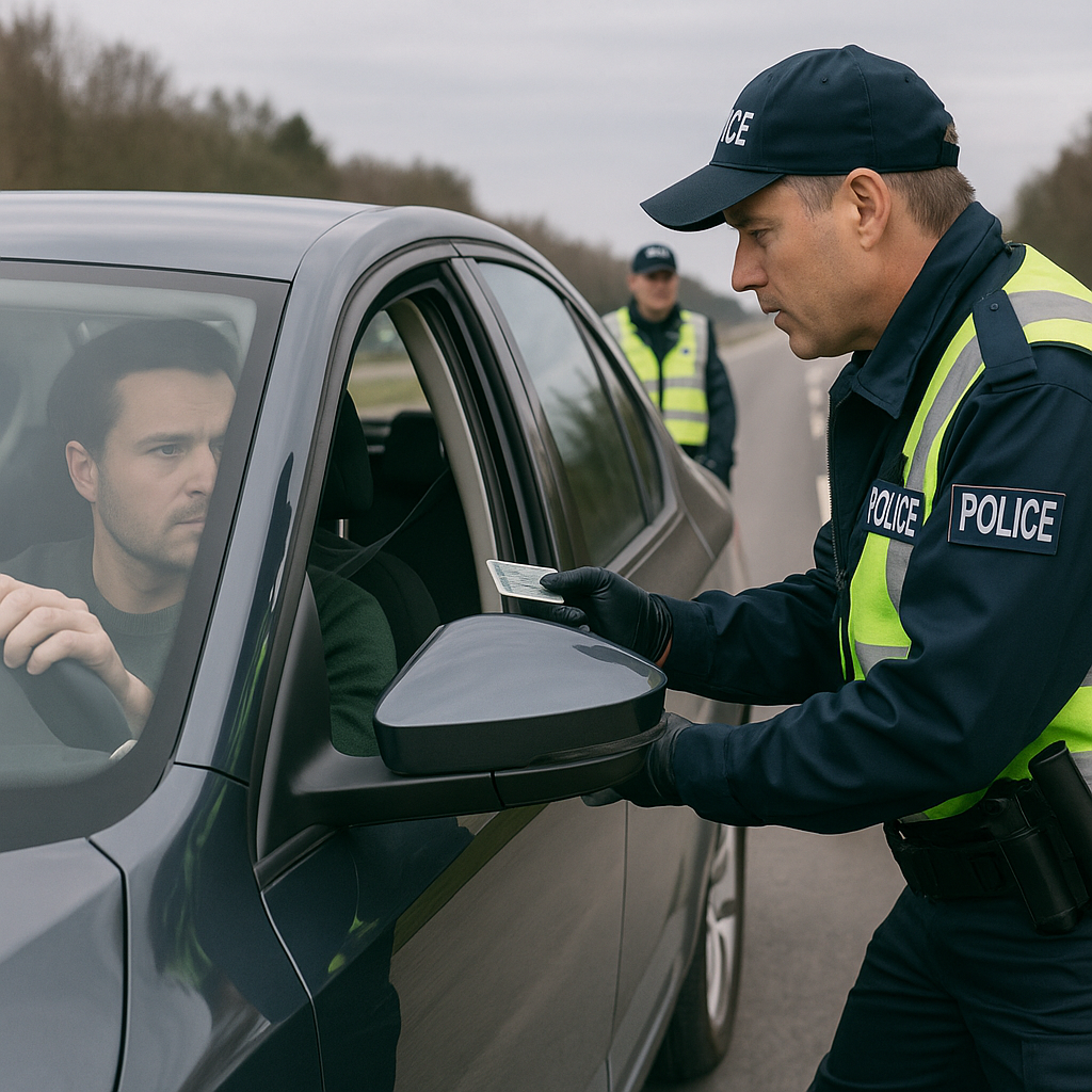 Contrôle routier en France avec policiers vérifiant un conducteur, illustrant les tests salivaires THC et la loi sur la conduite après consommation de CBD.