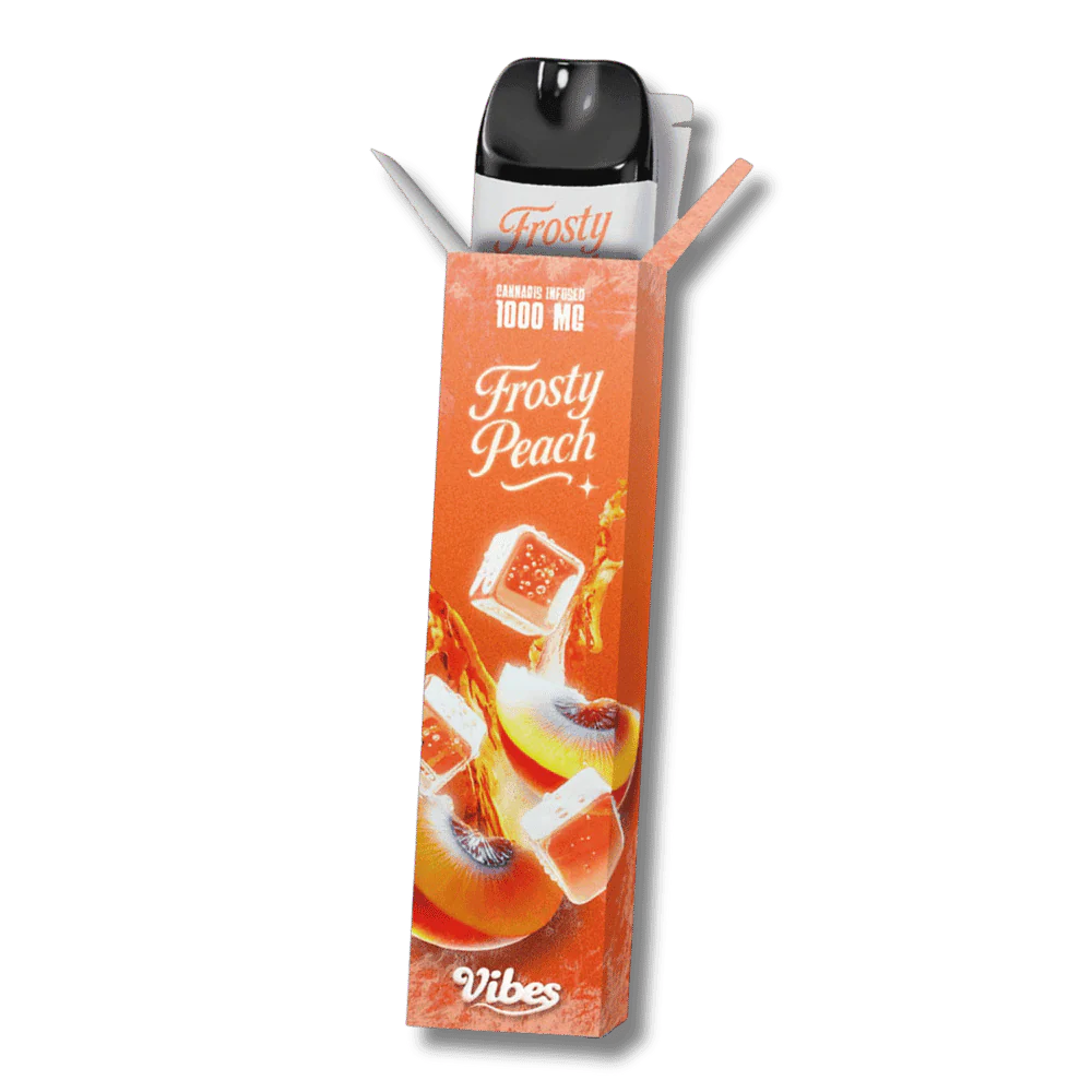 Vape VIBES 1000MG CBC+THC – saveur Frosty Peach – arôme pêche glacée – vape légale THC < 0,2 % – puff 600 bouffées.