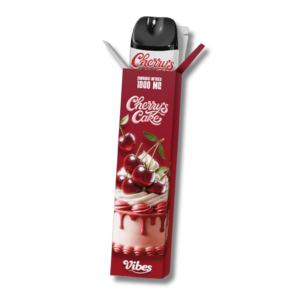 Vape VIBES 1000MG CBC+THC – saveur Cherry’s Cake – arôme gâteau aux cerises crémeux – vape légale THC < 0,2 % – puff 600 bouffées
